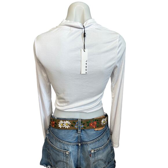KORAL White Long Sleeve Crop Top MEDIUM Ribbed Mock Neck Logo Marlow $85 NEW - Picture 5 of 10